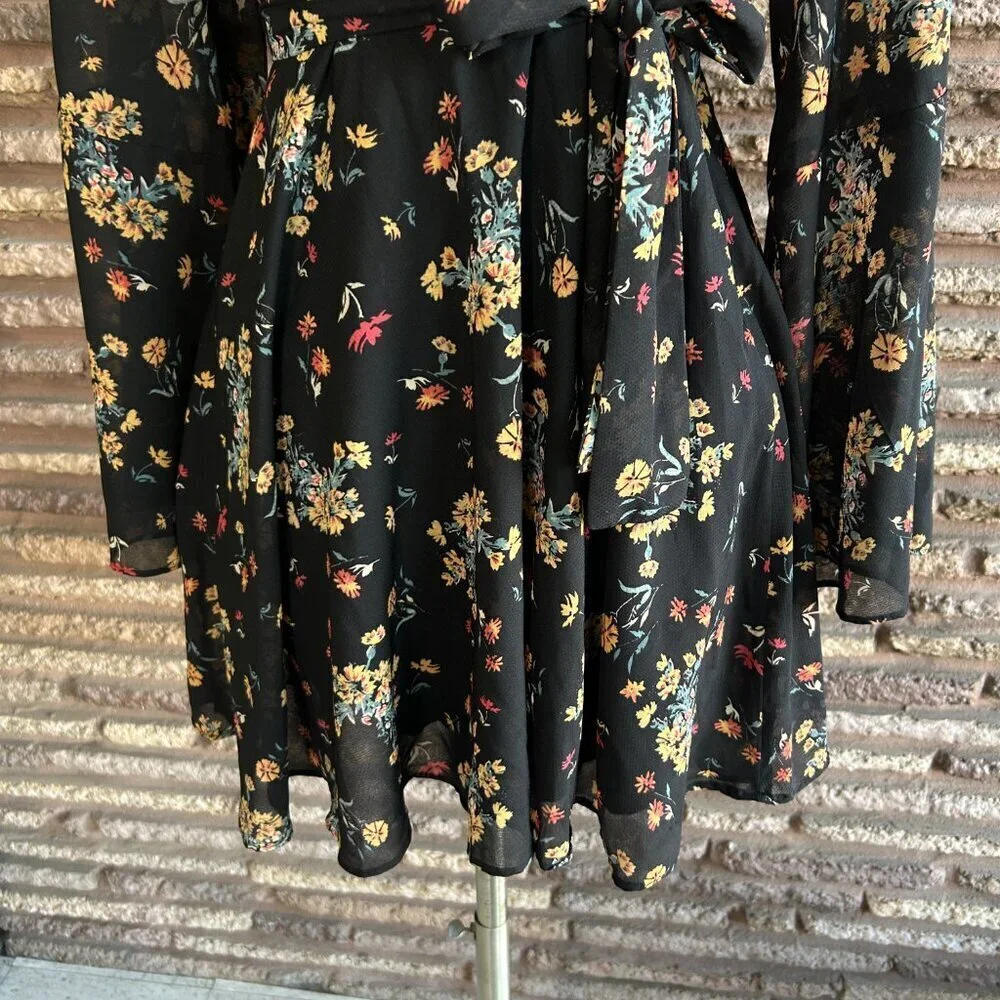 Free People Lilou Black Retro Floral Skater Mini Dress Size Small